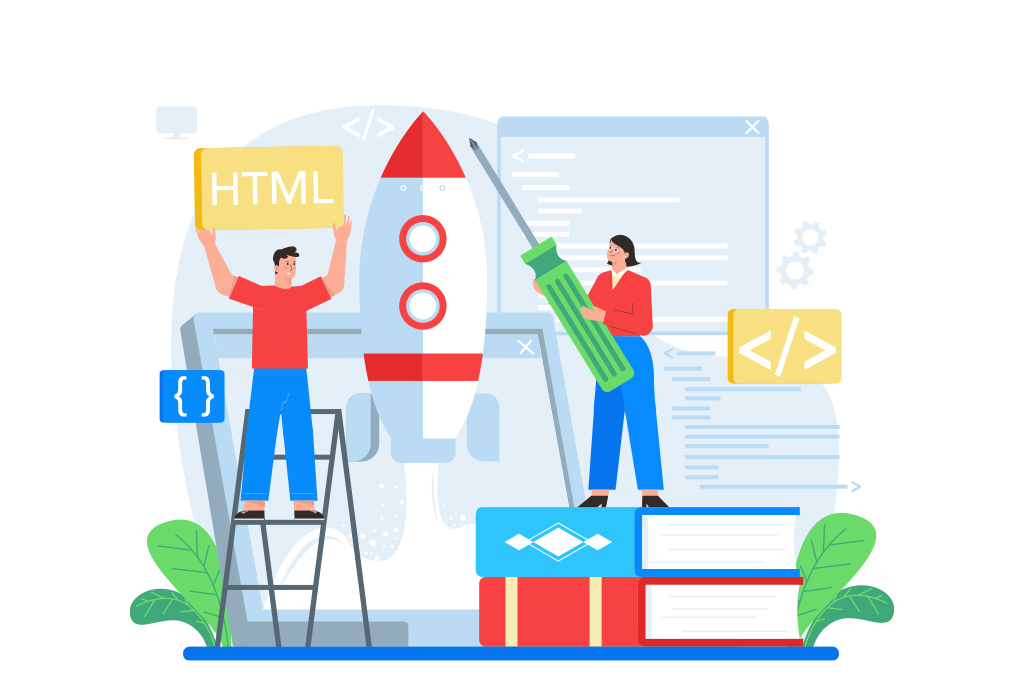 employees correcting html web code for web development